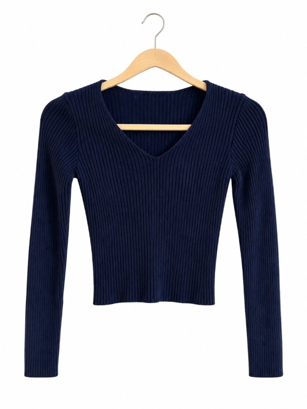 Brandy Melville Navy Ribbed V Neck Long Sleeve Crop Top One Size